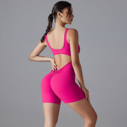 Peach Hip V Waist Tight Shorts Jumpsuit