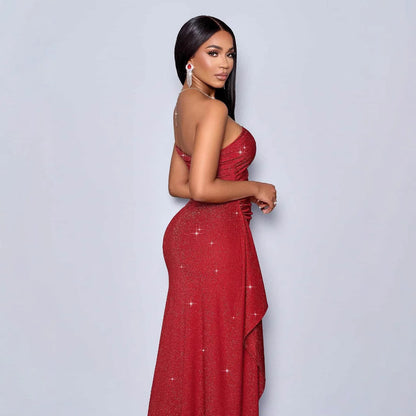 Luminous Red Asymmetric Shoulder Strap Height Side Split Dress