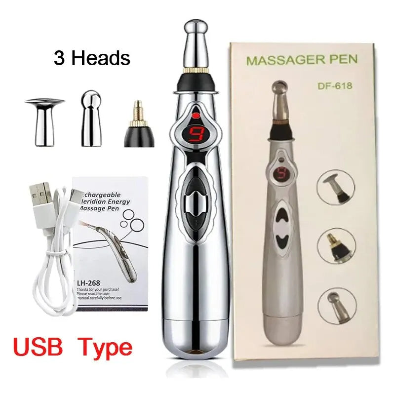 9 Gears Electronic Acupuncture Pen Pain Relif Therapy Massage Pen Women 9 Gears Body 5-in-1 Back Arm Energy Meridian Tired Electric Pen Muscle Relax Body Deep Tissue Massage Tool